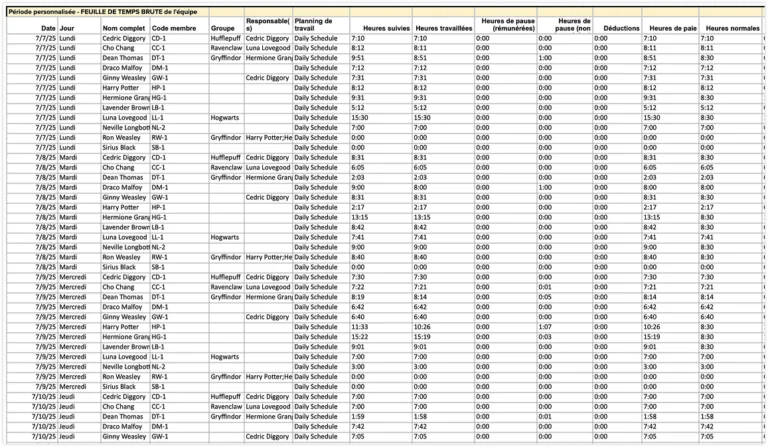 Timesheets list (or Raw timesheets) for attendance report